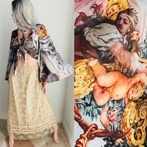 NWT Fabulous RENAISSANCE Art Print Tie-Front ANGEL SLEEVE Blouse TOP Small